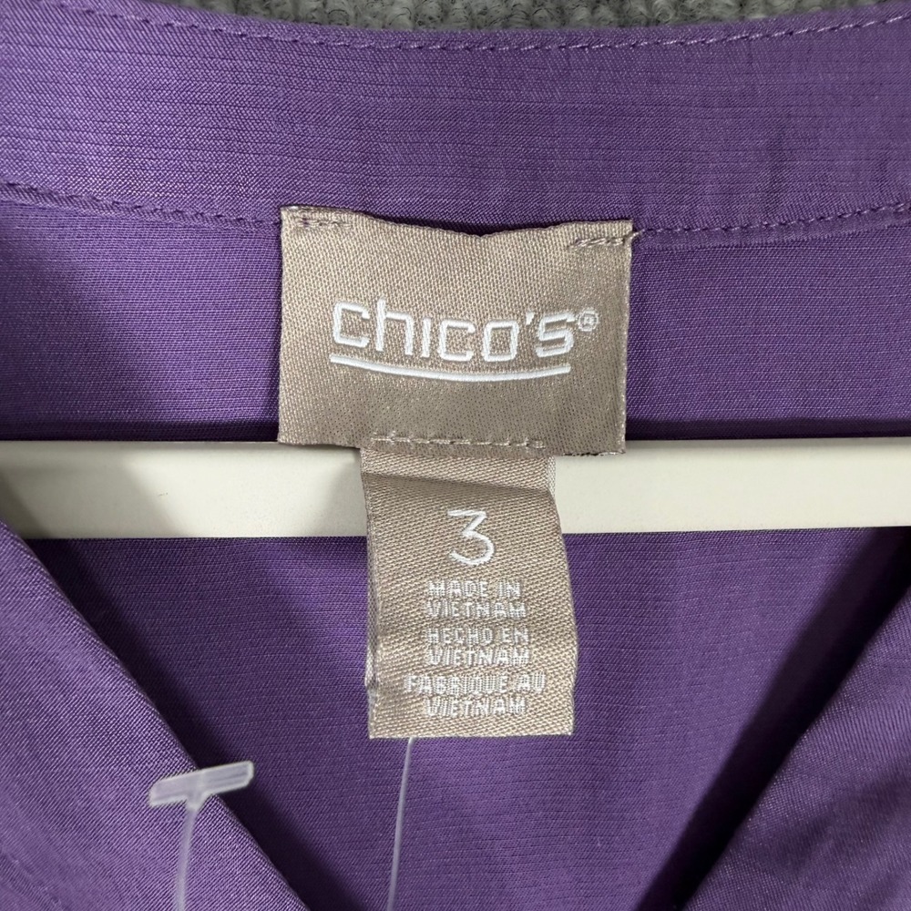 Chico's Size-3 (XL) Top Purple Henley Blouse Roll Tab Sleeve Layered Hem - Picture 3 of 10